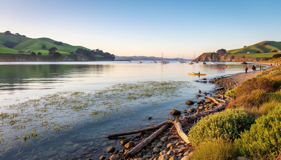 Aerial view of Tomales Bay coastal waters with rocky shoreline and native vegetation