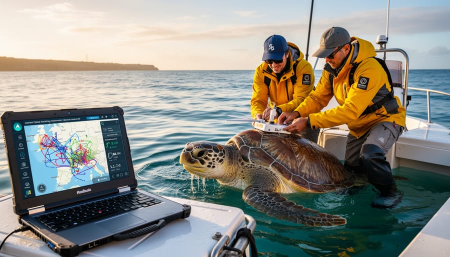 Sea turtle with tracking device swimming above coral reef in clear ocean water