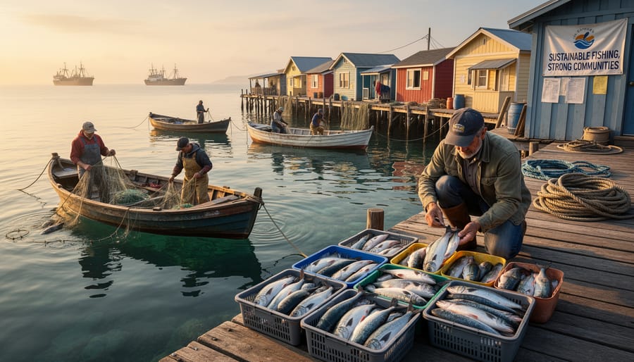 Traditional fisherman mending fishing nets on wooden dock at harbor