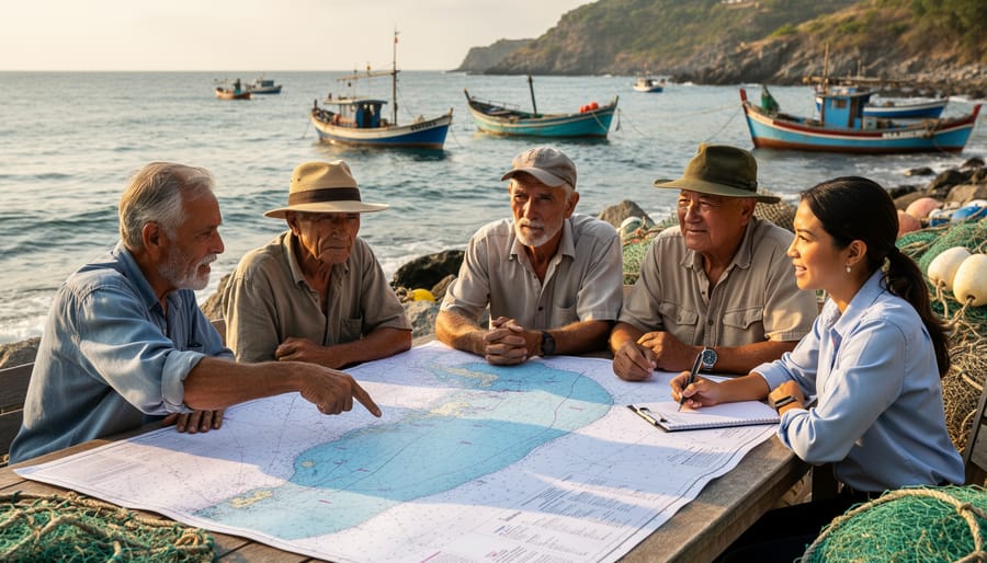 Indigenous elder and youth repairing traditional fishing nets on coastal beach