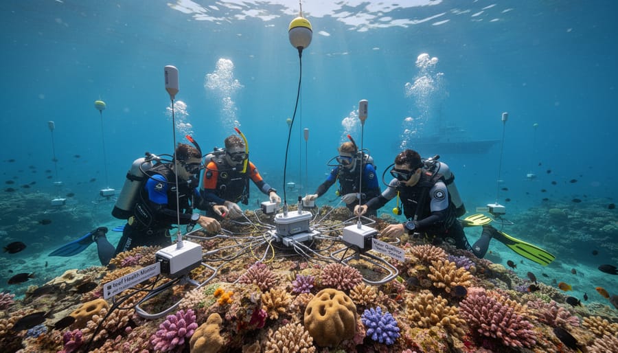 Marine biologist installing underwater monitoring sensors on coral reef
