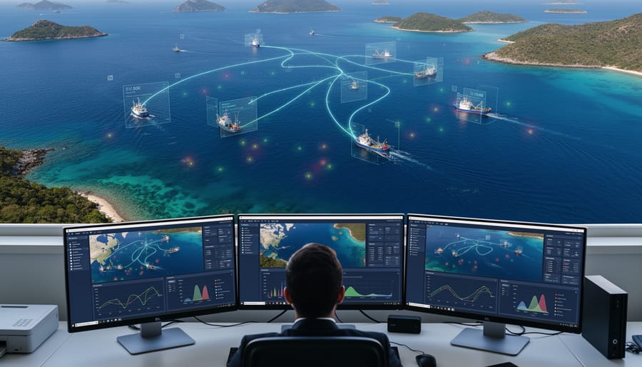 Aerial view of fishing vessel creating wake patterns in ocean water