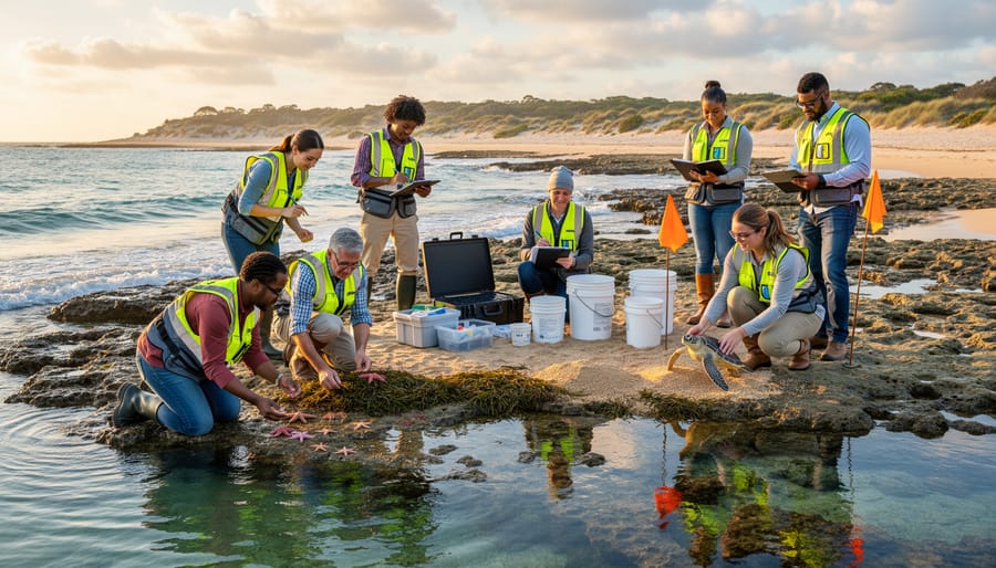 Volunteer conducting beach cleanup and citizen science activities at sunset