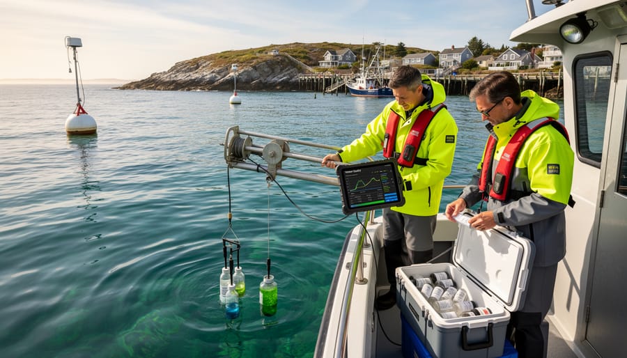 Marine scientist collecting water sample for harmful algal bloom monitoring