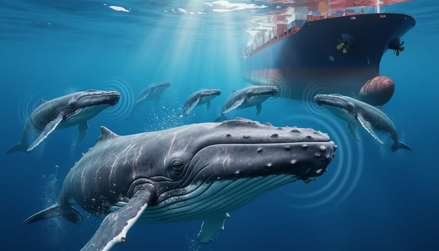 Humpback whale mother and calf swimming together in deep ocean water