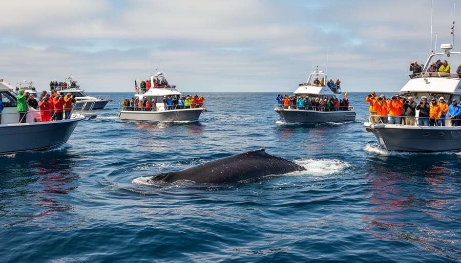 Underwater view of humpback whales with eco-tourism boats visible above the surface