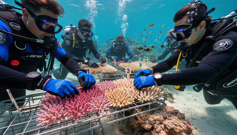 Group of young people working on coral restoration project in shallow coastal waters