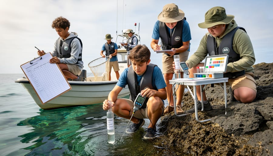 Teenagers in safety gear conducting water quality testing at coastal tidal pools