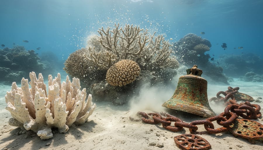 Bleached coral and corroded bronze artifact showing chemical pollution damage underwater