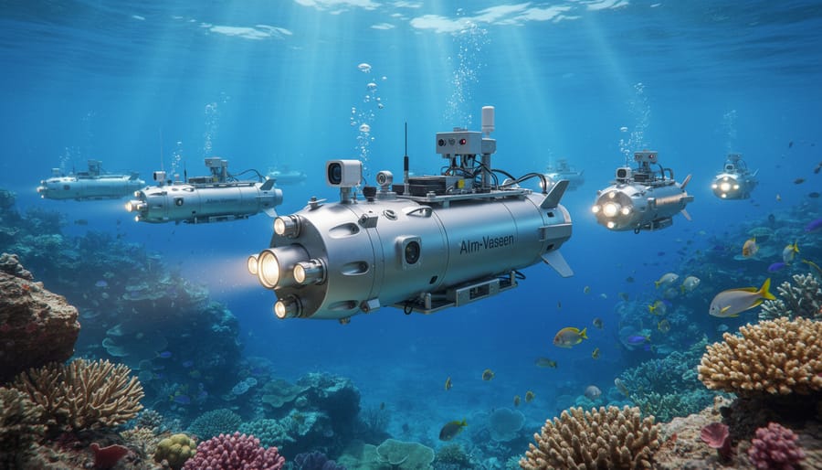 Yellow autonomous underwater drone with sensors surveying seagrass habitat