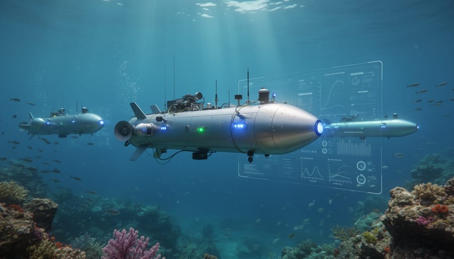 Autonomous underwater vehicle with sensors exploring near coral reef in clear blue water