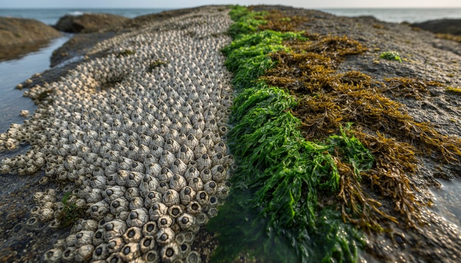 Dense cluster of white barnacles covering dark rock surface with patches of green algae