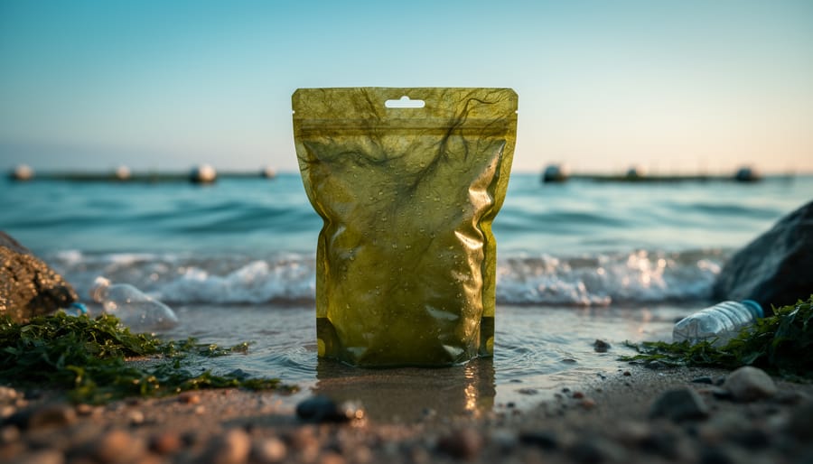 Close-up of a translucent seaweed-based biodegradable pouch half-submerged at the tideline in golden hour light, with blurred plastic fragments, a distant plastic bottle, shoreline rocks, and faint aquaculture buoys in the background.