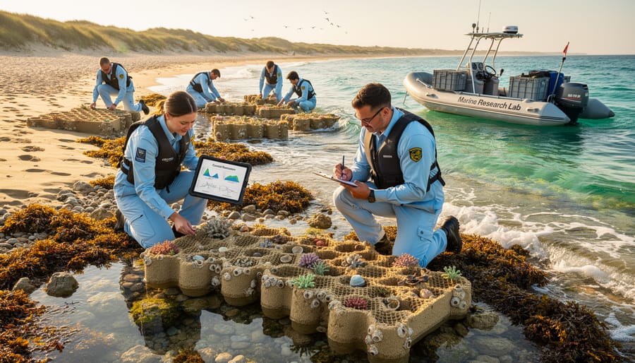 Marine scientist examining biodegradable reef restoration structure with coral growth underwater