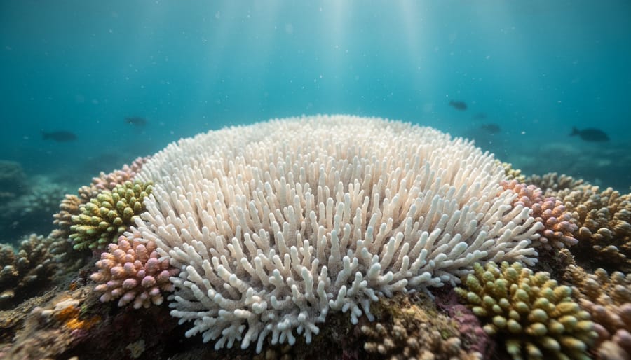 Close-up of white bleached coral showing detailed polyp structure underwater