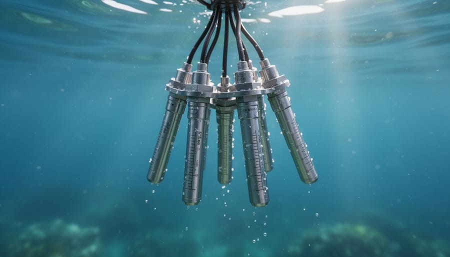 Close-up of chemical sensor array showing metallic probes and detection electrodes
