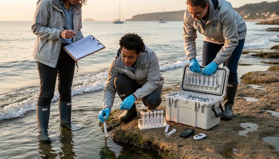Group of citizen scientists receiving training in eDNA water sampling on coastal dock