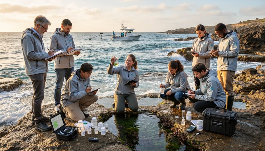 Group of citizen scientists collecting water samples from research boat