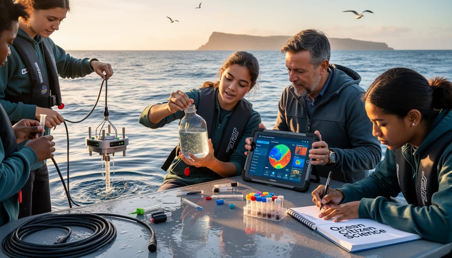 Diverse group of volunteers participating in marine research citizen science program on boat