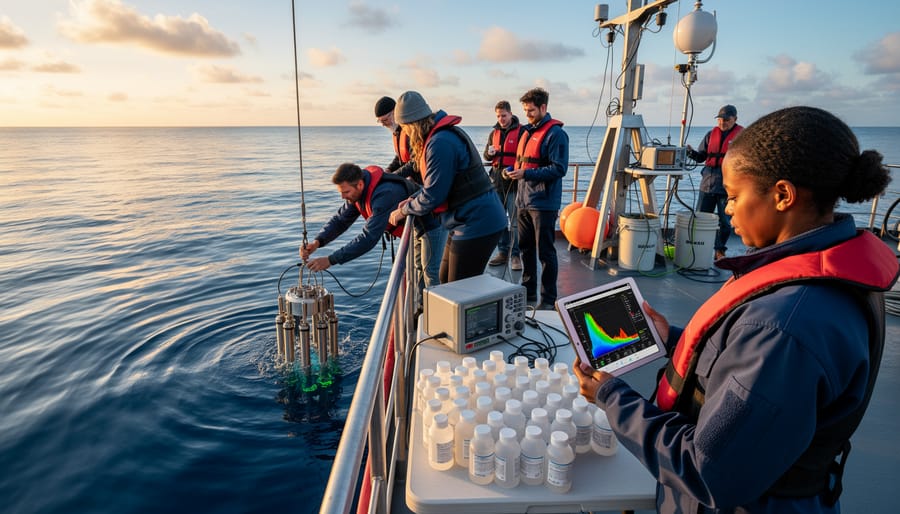 Group of volunteer citizen scientists collecting marine water samples from research boat