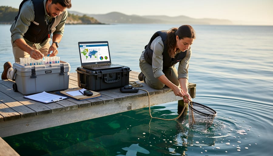 Volunteer collecting plankton samples with fine mesh net at ocean shoreline