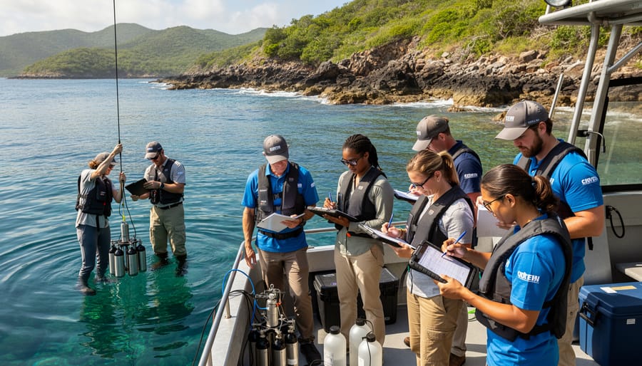 Diverse volunteers and researchers collaborating on marine research boat with digital recording devices