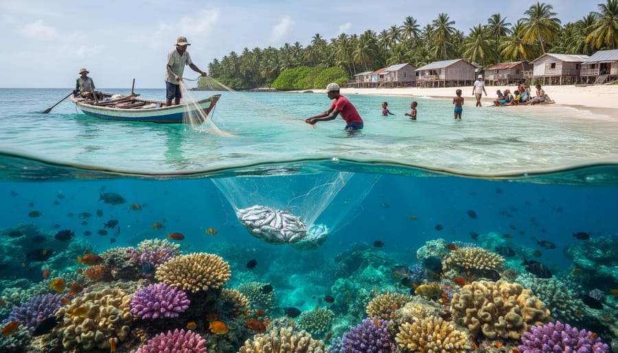 Indigenous fisherman in traditional canoe fishing above coral reef in tropical waters