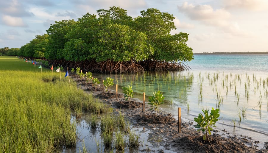 Thriving coastal wetland showing salt marsh grasses and mangrove trees along tidal water