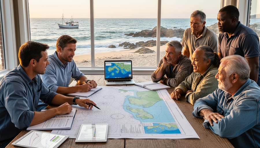 Indigenous community member and marine researcher collaborating on coastal dock with fishing village in background