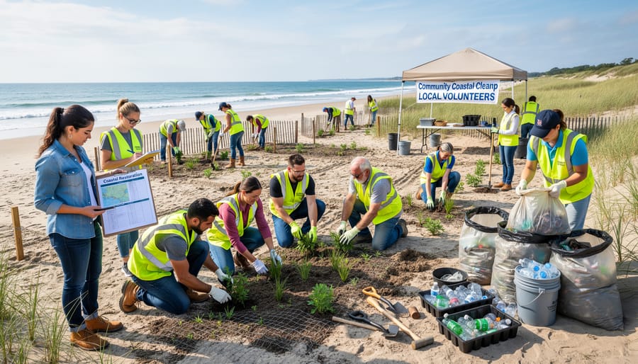Volunteers planting native vegetation on coastal dunes during restoration project