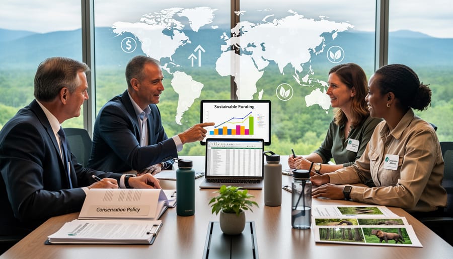 Diverse group of stakeholders collaborating at conference table on conservation financing projects