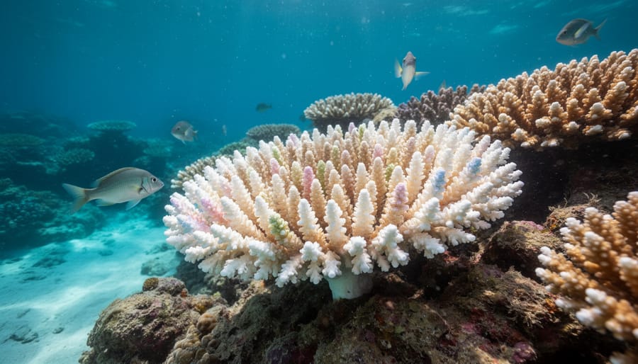 Bleached white coral formations showing environmental damage from ocean warming