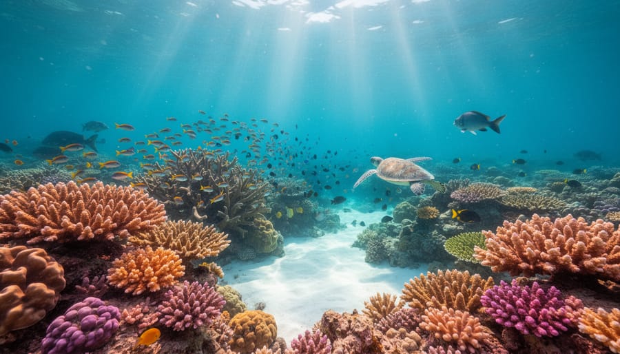 Sea turtle swimming through vibrant coral reef with tropical fish and diverse marine life