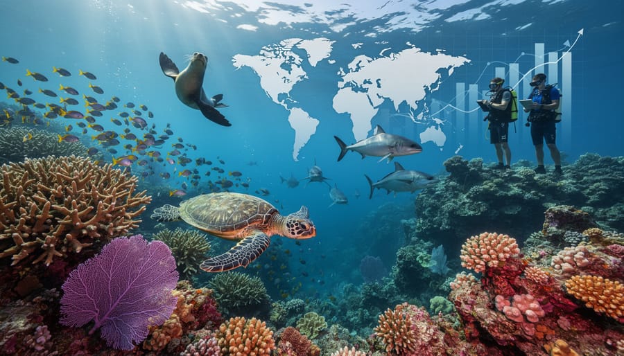 Vibrant coral reef with tropical fish swimming in clear blue water
