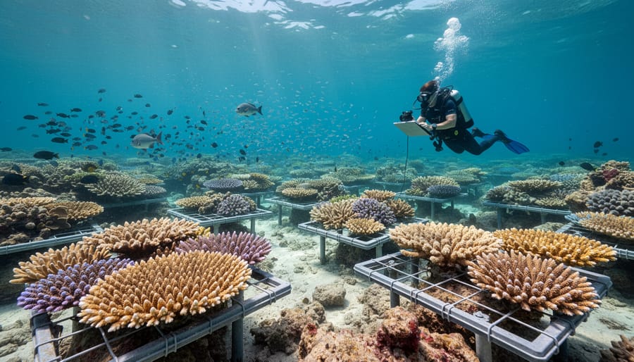 Restored coral reef with diverse coral species and tropical fish in clear water