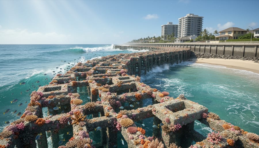 Underwater view of restored coral reef with diverse marine life near urban coastline