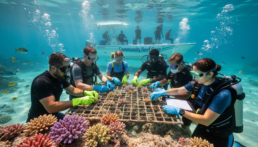 Diverse group of volunteers preparing coral restoration equipment on conservation boat