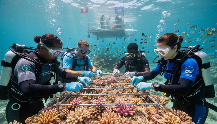 Marine biologist planting coral fragments in shallow water during restoration work