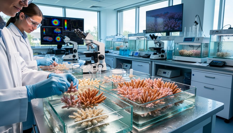 Marine scientist examining coral samples in underwater reef restoration nursery