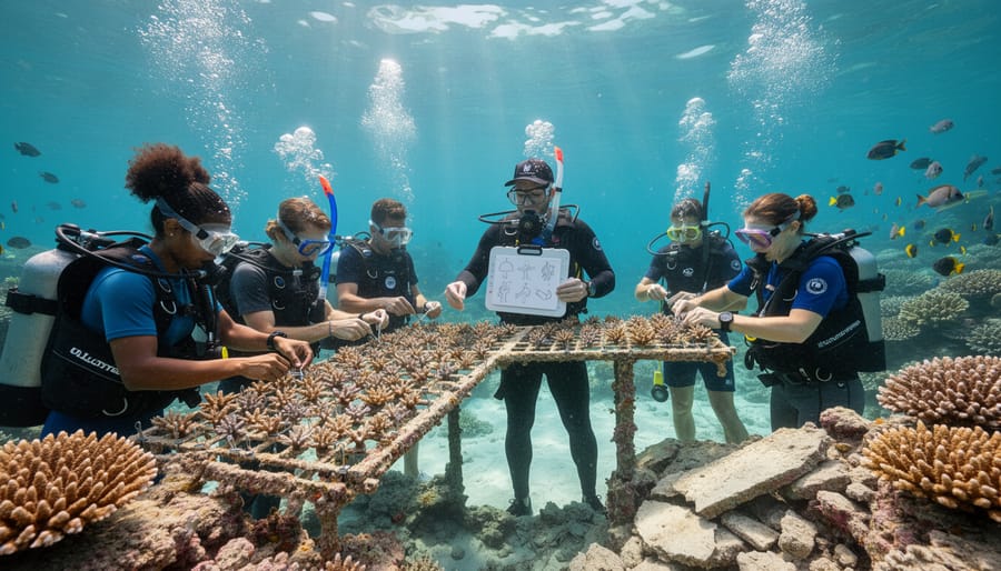 Volunteers working together on coral restoration project aboard research vessel