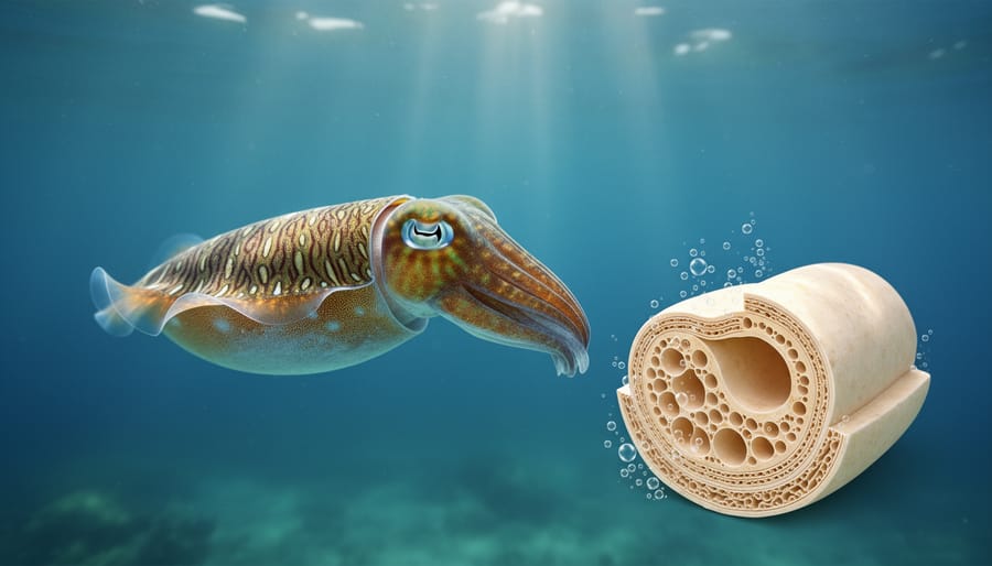 Cuttlefish hovering near coral reef showing detailed skin texture