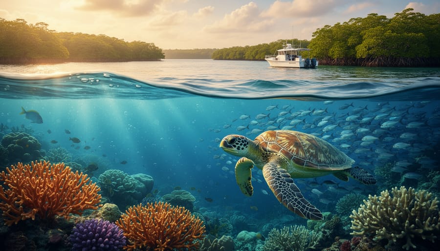Split-level view of a vibrant coral reef with a sea turtle and schooling fish below the surface, with a mangrove-lined coastline and small patrol boat above in golden-hour light.
