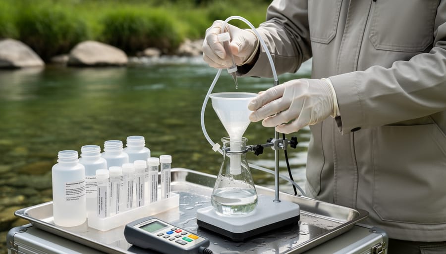 Scientist holding white filter membrane used for eDNA sample collection in laboratory
