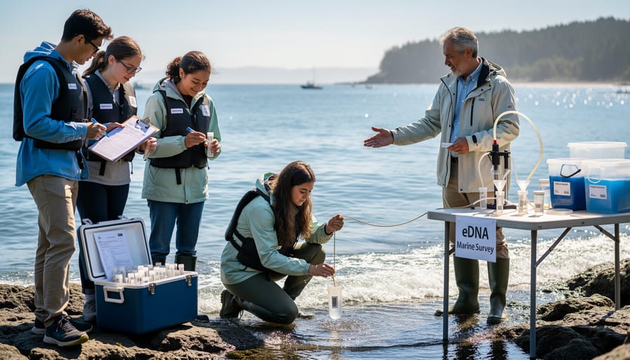 Marine biology student and professor working together on eDNA research in coastal laboratory