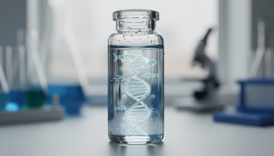 Close-up of water sample containing environmental DNA in laboratory bottle