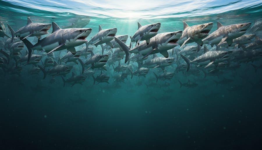 School of fish crowded near ocean surface seeking oxygen in deoxygenated water