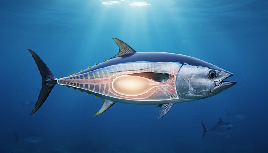Yellowfin tuna swimming at mid-depth in clear blue ocean water