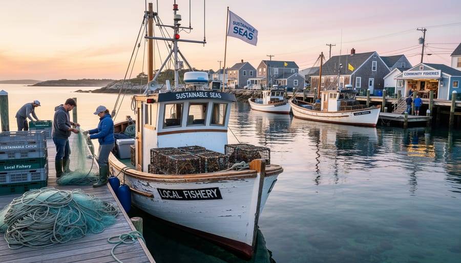 Colorful commercial fishing boats moored at working harbor dock