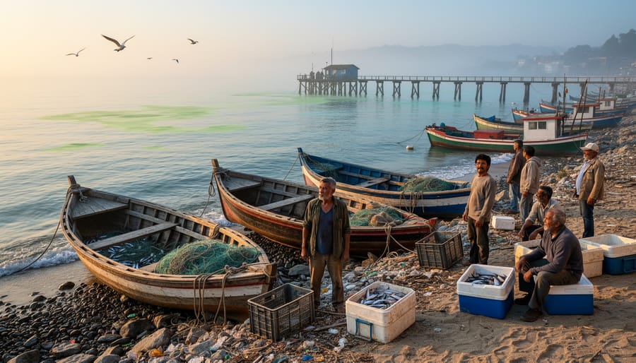 Fisherman examining small catch from declining fish populations affected by ocean deoxygenation