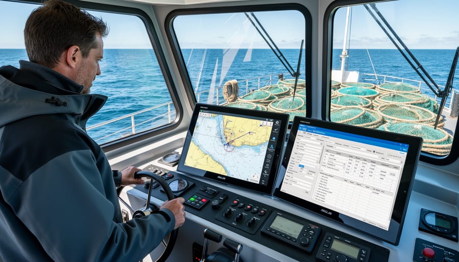 Fishing boat captain using electronic monitoring technology in vessel wheelhouse